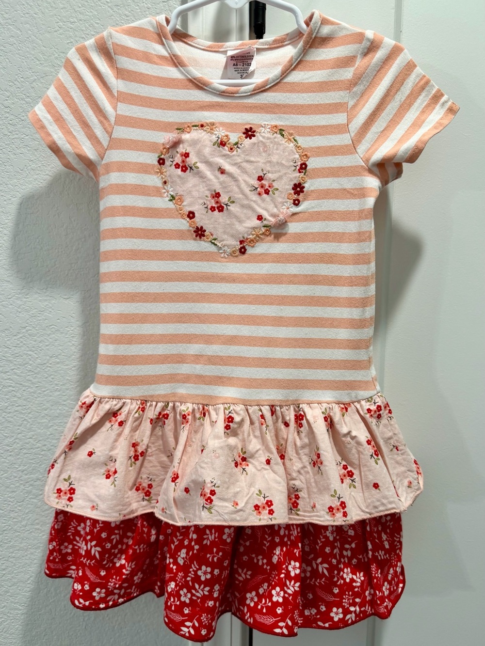 Ric Rac & Ruffles Peach Red Striped Floral Heart Ruffle Tiered Pullover Dress 3T